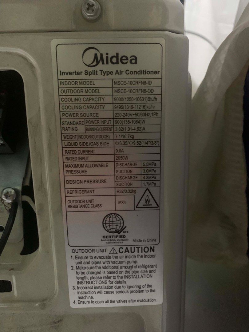 Midea Inverter Split Type Air Conditioner MSCE-10CRFN8-ID (Category: Air Conditioning and Heating) located in Manila. Submitted by yellll.22 (Listing ID 1458052481, Image 2). Description: - Midea Inverter Split Type Air Conditioner - Cooling Capacity: 9000 BTU/h - Refrigerant: R32 - Energy Efficiency Rating: 5.15 - Origin: Made in China - Outdoor Unit: IPX4 Resistance Class.