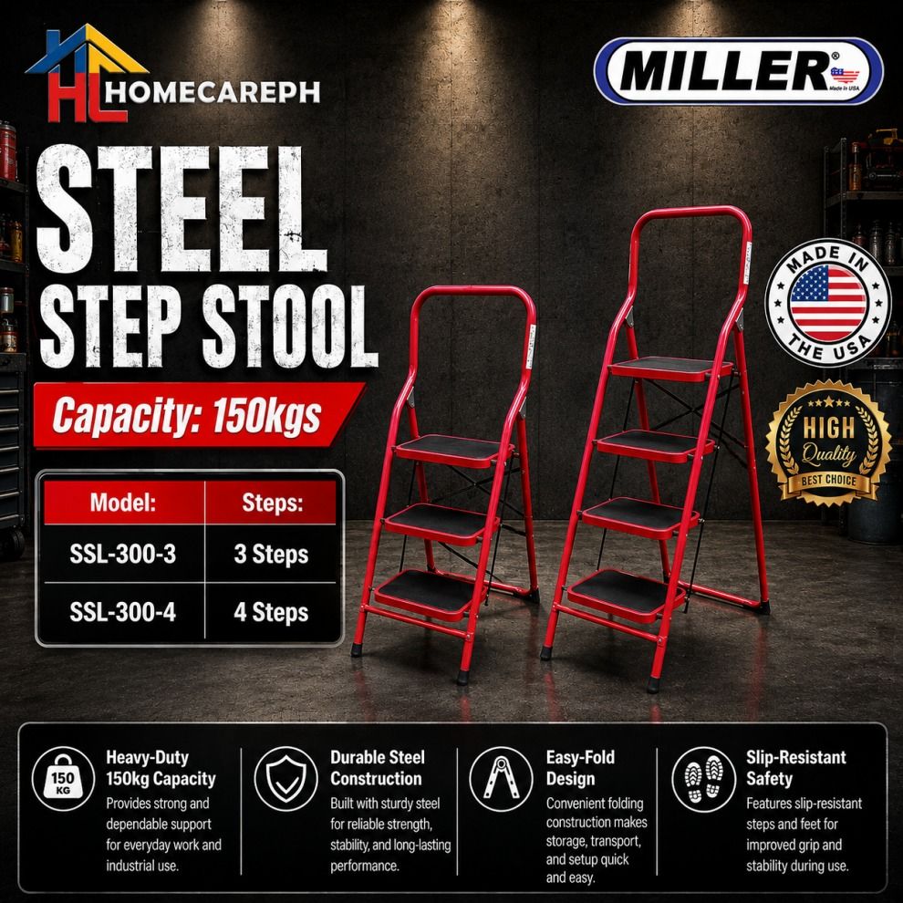 Miller Steel Step Stool Ladder 3 Steps / 4 Steps (Category: Ladders & Steps) located in Manila. Submitted by homecareph (Listing ID 1292488151, Image 1). Description: 08-27-2026 ✅For Sale!!! ✅Retail / Wholesale ✅MILLER STEEL STEP STOOL ✅AVAILABLE: ✅3 STEPS • Model: SSL-300-3 • Max. Capacity: 300 lbs (150kg) • Color: Red • Material: Steel • Size Open: 45L x60W x 127H cm • Size Fold: 45L x 10W x 127H cm • Weight: 7kgs ✅4 STEPS • Model : SSL-300-4 •