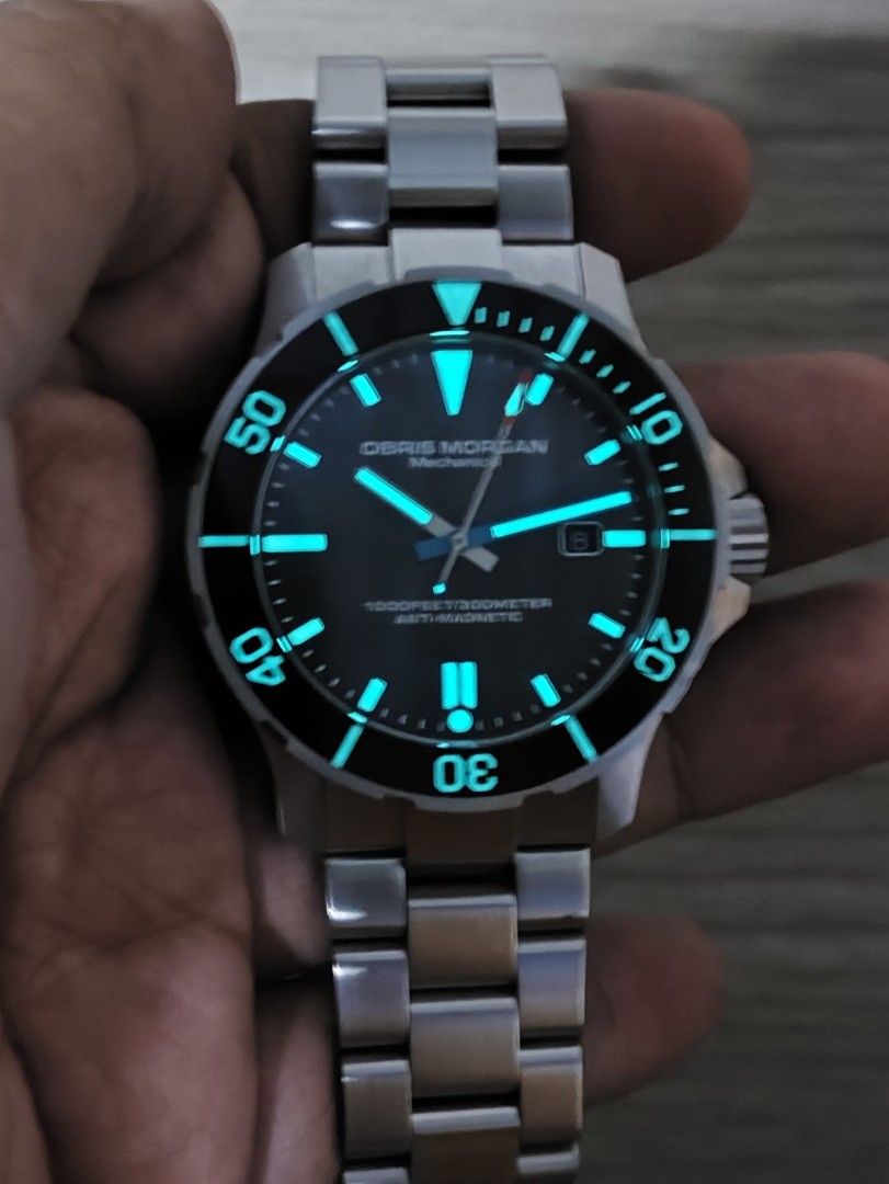 Obris Morgan Infinity (Category: Luxury Watches) located in Manila. Submitted by jervisshin61864 (Listing ID 1458054893, Image 2). Description: Really Rare and Discontinued ‼️ 9/10 Condition Bezel Insert Cracked at 4 O'Clock (Check Pic) Full Presentation, Box and Papers Included Free Obris Morgan Strap (3k SRP) Sapphire Crystal Sapphire Bezel Insert Swiss ETA 2824-2 Automatic Movement 28,800 BPH 38 Hours Power Reserve Hacking and Winding 43mm Cas