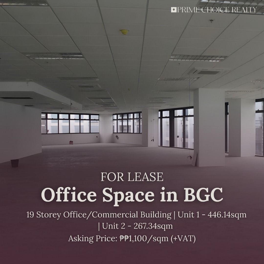 Office Space in BGC, Taguig (Category: Commercial) located in Quezon City. Submitted by primechoicerealtyinc (Listing ID 1457983129, Image 1). Description: FOR LEASE: Office Space in BGC, Taguig MJ Tower BGC LEED-certified 19-storey office/commercial building featuring: * 100% backup power * 4 passenger elevators Available Floor Cuts: * Unit 1 — 446.14 sqm * Unit 2 — 267.34 sqm * Units can be combined Asking Price: * ₱1,100/sqm + VAT * CUSA: ₱160