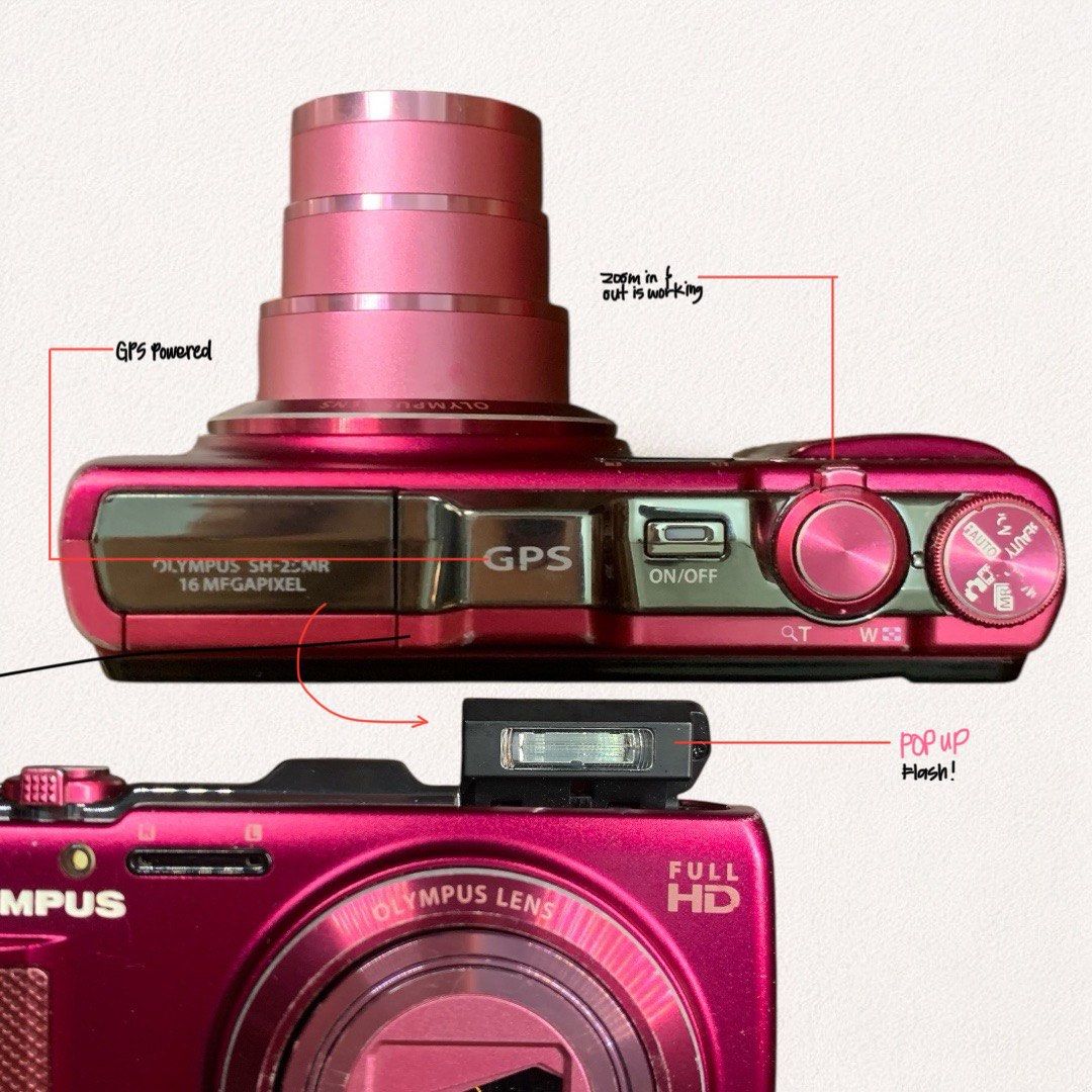 Olympus SH-25MR in Pink (Category: Cameras) located in Quezon City. Submitted by _cyberplug (Listing ID 1457986936, Image 3). Description: Olympus SH-25MR Price: ₱8500 Condition: ★★★★ Issue: -vignette -lens curtain not closing properly Key features: • 16.0 Megapixels Back-Illuminated CMOS sensor • 12.5× optical zoom lens • Dual Image Stabilization to reduce blur • Face detection & autofocus tracking • Auto red-eye correction & built-in flash • Mu