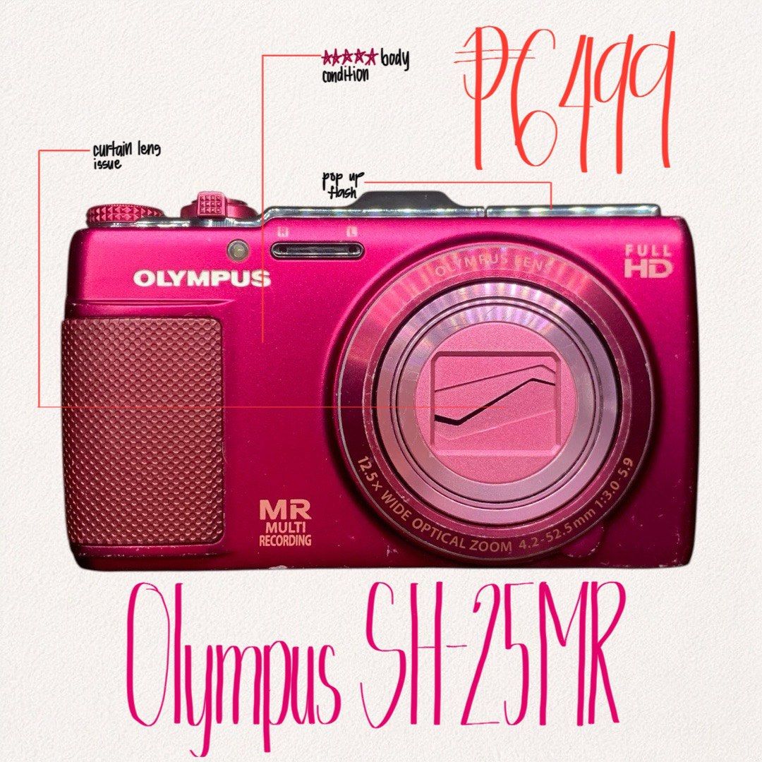 Olympus SH-25MR in Pink (Category: Cameras) located in Quezon City. Submitted by _cyberplug (Listing ID 1457986936, Image 1). Description: Olympus SH-25MR Price: ₱8500 Condition: ★★★★ Issue: -vignette -lens curtain not closing properly Key features: • 16.0 Megapixels Back-Illuminated CMOS sensor • 12.5× optical zoom lens • Dual Image Stabilization to reduce blur • Face detection & autofocus tracking • Auto red-eye correction & built-in flash • Mu
