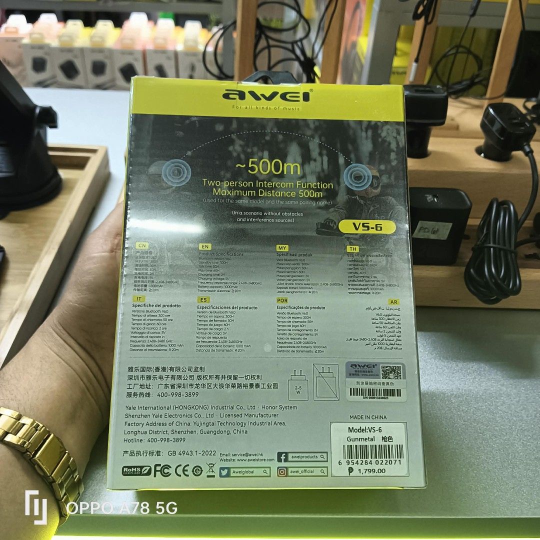 Original Awei VS-6 Two-person Intercom Function Gunmetal (Category: Headphones & Headsets) located in Manila. Submitted by iliasjen3082126 (Listing ID 1458073257, Image 2). Description: - Awei VS-6 Two-Person Intercoms (Pair) - Max Range: 500m (clear conditions) - Bluetooth Version: V6.0 - Battery Capacity: 1000mAh - Playtime: Up to 60 hours - Color: Gunmetal - Ideal for communication while traveling or working together..