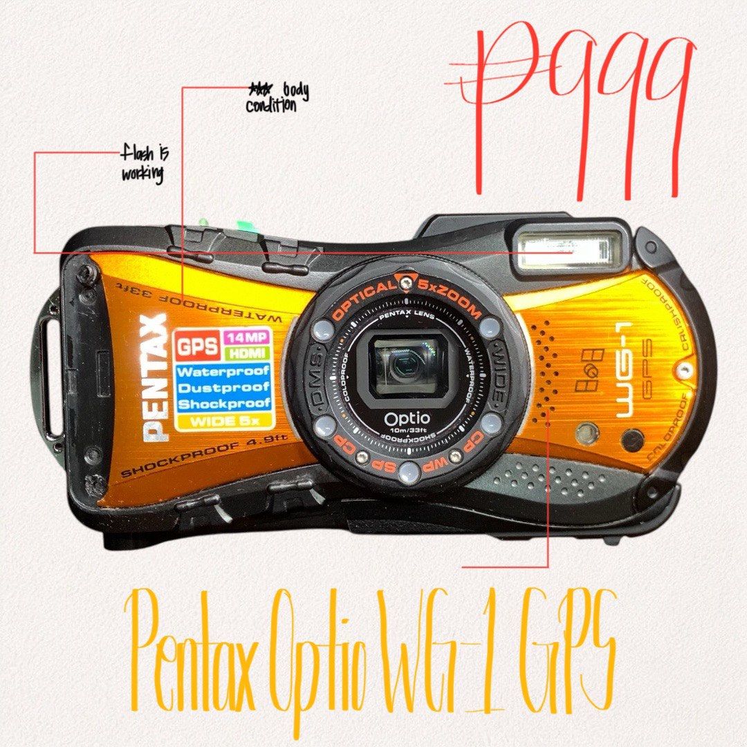 Pentax Optio WG-1 GPS (Category: Cameras) located in Quezon City. Submitted by _cyberplug (Listing ID 1457991391, Image 1). Description: Pentax Optio WG-1 GPS Price: ₱1000 Condition: ★★★ Issue: Missing top button plate / shutter button cover (shutter mechanisms and internal membranes are fully exposed; camera can still take photos, but you must press directly into the recessed cavity) Key features: • 14.0 Megapixels 1/2.3” CCD sensor • 5× wide-an