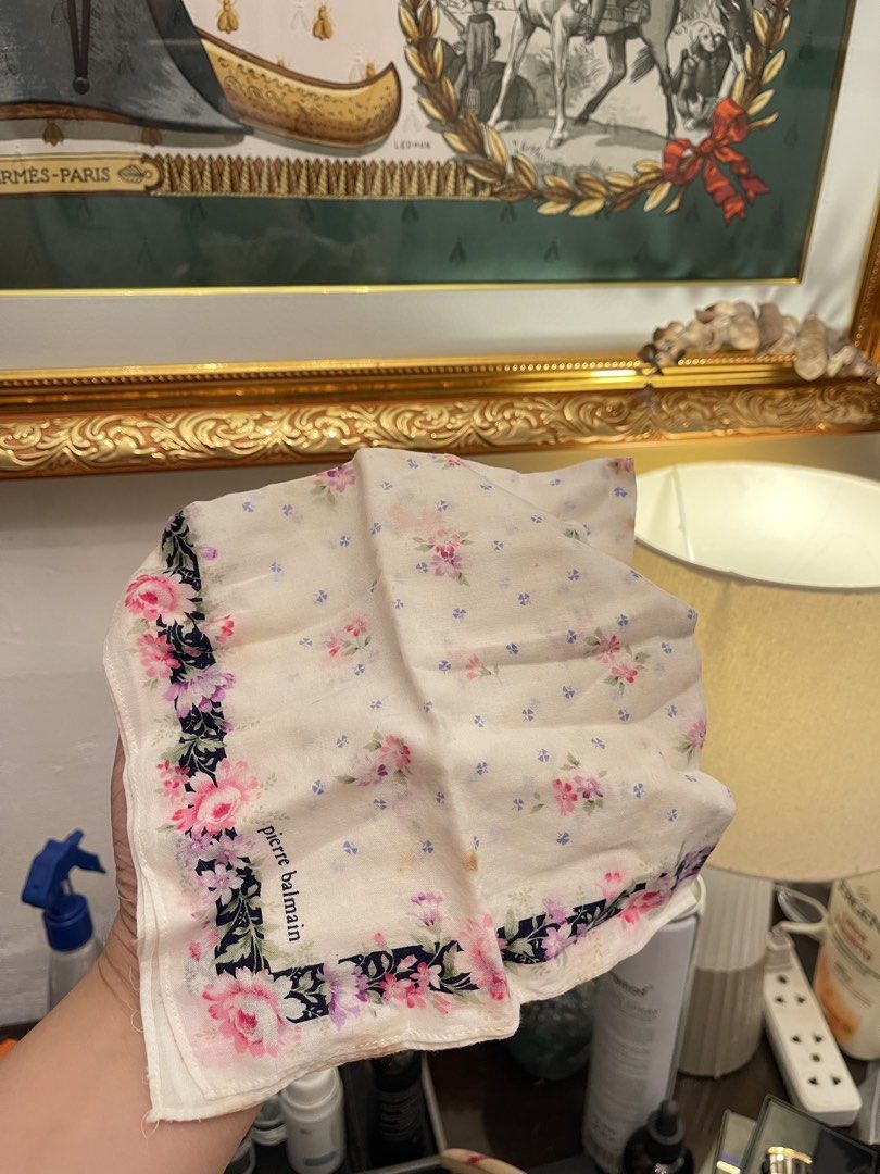 Pierre Balmain Floral Handkerchief Scarf (Category: Scarves) located in Marilao. Submitted by wardrovearchives (Listing ID 1458052363, Image 2). Description: - Vintage Pierre Balmain handkerchief - Features a pink floral print with roses - Accented with blue details - Dark navy floral border design - Classic and versatile accessory - Perfect for adding color or collecting.