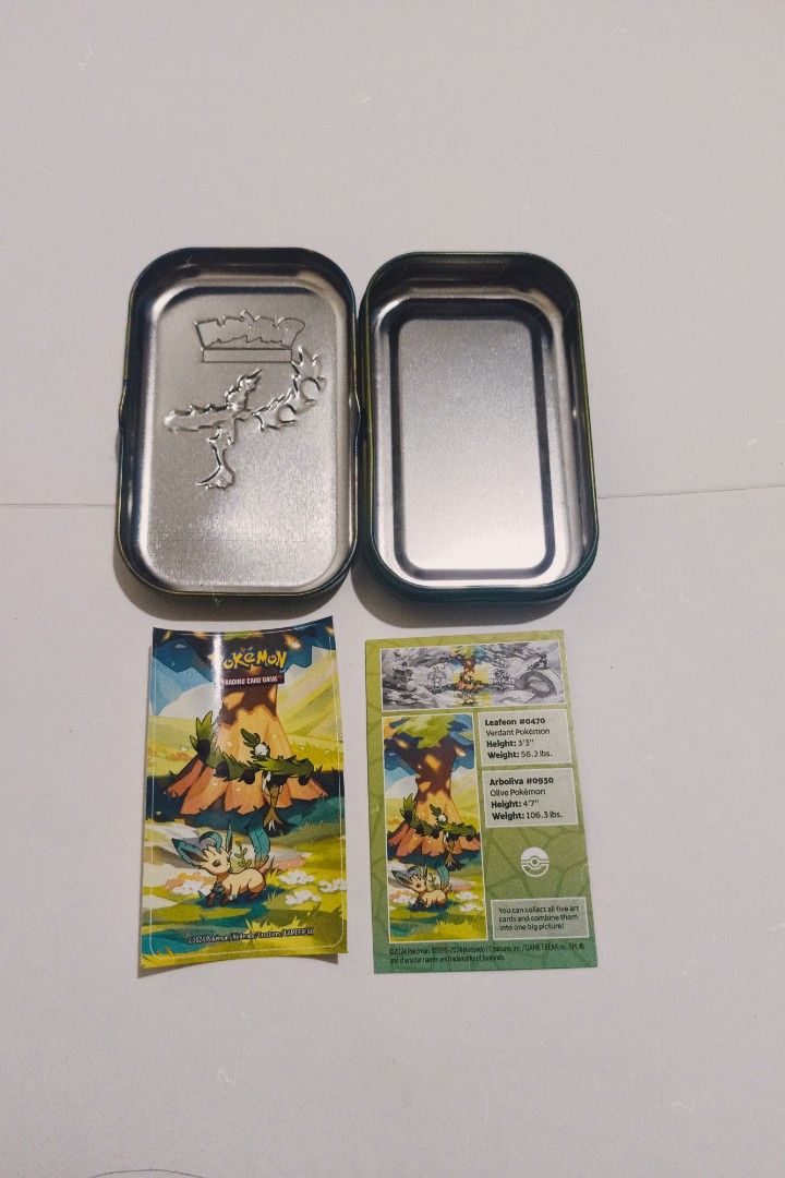 Original Pokémon Leafon & Arbosival Collectible Tin (Category: Vintage Collectibles) located in Manila. Submitted by rys_03 (Listing ID 1458063482, Image 2). Description: Selling my Pokémon Leafeon & Arboliva Mini Tin with original artwork/stickers. 📌 Includes: • Pokémon collectible mini tin featuring Leafeon & Arboliva • Original Pokémon artwork/sticker design • Leafeon & Arboliva art card/inserts shown in the photos 💰 ₱400 ONLY — negotiable f