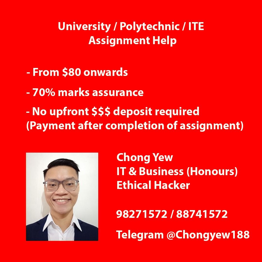 Programming/Coding/Assignment Help (Category: IT & Programming) located in Singapore. Submitted by vericosolutions (Listing ID 1179105191, Image 1). Description: Struggling with your TMA, ECA, or assignments? Let me help you stay ahead. I provide reliable and high-quality support for TMA, ECA, and academic assignments, tailored to meet the specific requirements of students across various disciplines. I am committed to deliver plagiarism-free work