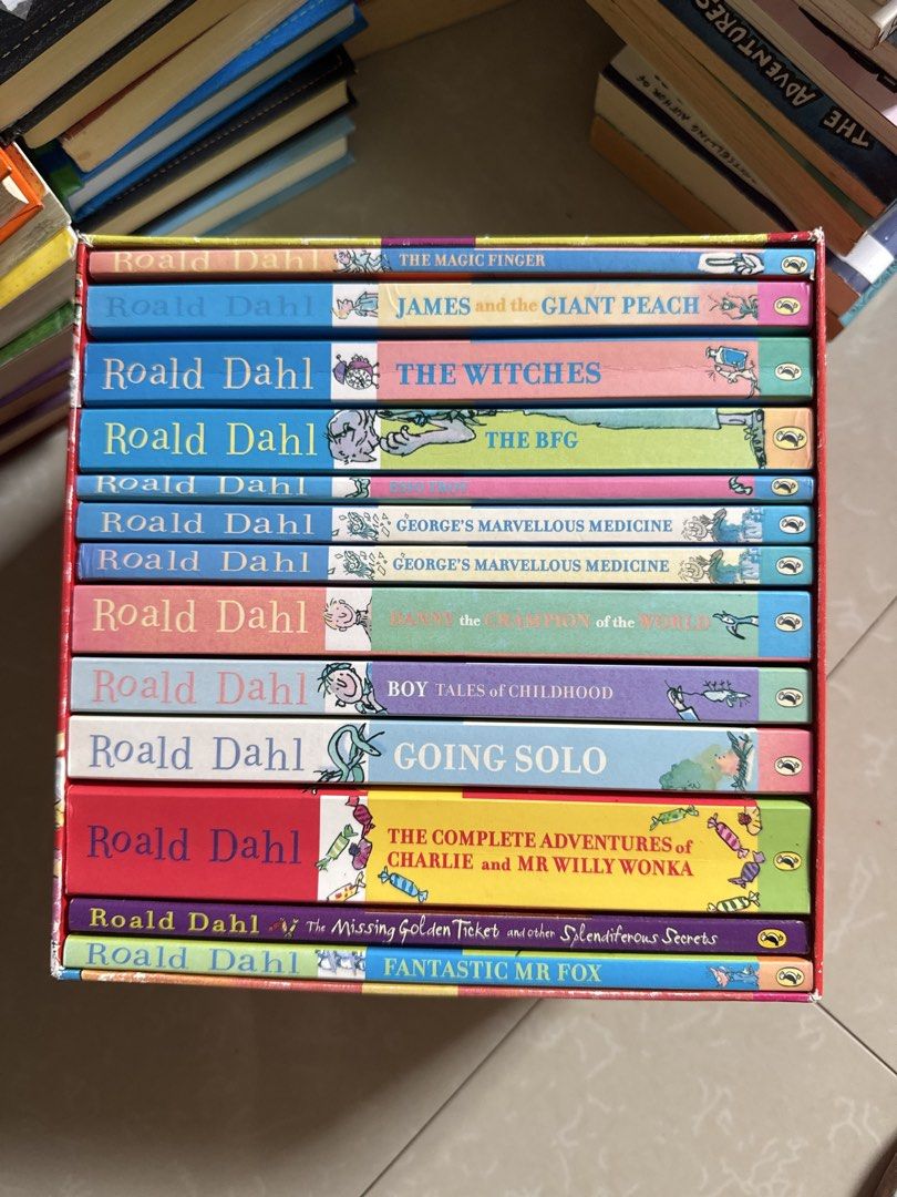 Roald Dahl Book Collection - 12 Books (Category: Children's Books) located in Manila. Submitted by prelovedshop0818 (Listing ID 1457949984, Image 1). Description: - Set of 12 Roald Dahl books - Perfect for young readers - Titles include: The Magic Finger, James and the Giant Peach, The Witches, The BFG, George's Marvellous Medicine, Danny the Champion of the World, Boy Tales of Childhood, Going Solo, The Complete Adventures of Charlie and Mr Will