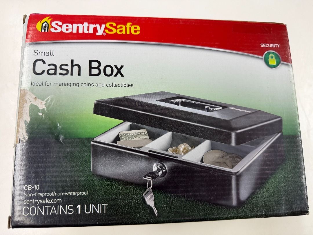 SentrySafe Small Cash Box CB-10 (Category: Safe) located in Muntinlupa City. Submitted by gerry.castro (Listing ID 1457921213, Image 1). Description: - SentrySafe small cash box, model CB-10 - Perfect for organizing coins and collectibles - Includes a key for security - Note: Not fireproof or waterproof.