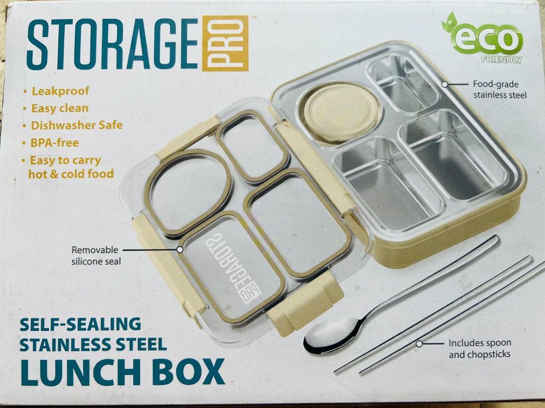 Storage Pro Self-Sealing Stainless Steel Lunch Box (Category: Food Organization & Storage) located in Bulacan. Submitted by jz012619 (Listing ID 1457909042, Image 1). Description: - Leakproof Storage Pro lunch box - Easy to clean and dishwasher safe - BPA-free - Suitable for hot and cold food - Features a removable silicone seal - Includes spoon and chopsticks - Actual color shown on the box (beige) Plus, the shipping fee should be shouldered by 