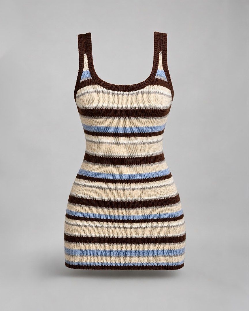 Striped Crochet Knit Mini Dress (Category: Dresses) located in Manila. Submitted by shaeshops (Listing ID 1452937185, Image 1). Description: - Cute striped knit mini dress - Very stretchable - Features a scoop neck and tank straps - Textured knit fabric - Color: Brown, beige, and light blue stripes.