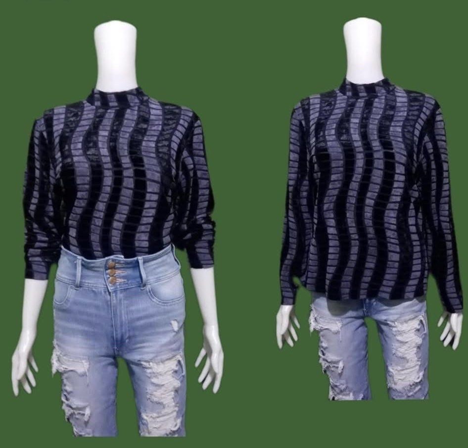 Striped Mock Neck Long Sleeve Top (Category: Blouses) located in Baguio. Submitted by joygam (Listing ID 1457998701, Image 1). Description: - Long sleeve top - Mock neck design - Wavy stripe pattern in black and grey - Versatile for dressing up or down - Pairs well with jeans or skirts.