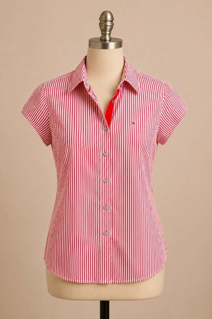 Tommy Hilfiger Denim Red Striped Short Sleeve Shirt (Category: Shirts) located in Cagayan de Oro. Submitted by edwardryan01984 (Listing ID 1447129708, Image 1). Description: - Tommy Hilfiger Denim Shirt - Length 27 inches - Width 17 inches - Classic red and white stripes - Short sleeves - Button-up front - Small logo on chest pocket - Unique collar detail - Ideal for casual wear.
