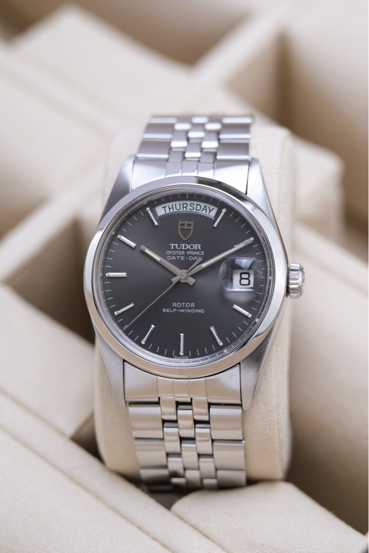 Tudor Oyster Prince Date-Day (Category: Luxury Watches) located in Quezon City. Submitted by awristotell (Listing ID 1458004183, Image 3). Description: “Another Wrist To Tell” Tudor Oyster Prince Date-Day Rare Sunburst Grey Dial The Tudor 94500 is a fascinating example of the close relationship between Tudor and Rolex during the vintage era, featuring a Rolex-made Oyster case and Rolex-signed crown. A Tudor at heart, but with unmistakable Rolex D