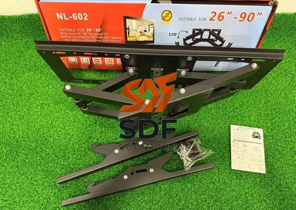 TV wall mount TV wall bracket 26" - 90" (Category: Hand & Stand Mixers) located in Manila. Submitted by sdfsolutions (Listing ID 1457910627, Image 2). Description: DIRECT SUPPLIER LIMITED STOCK Full Motion TV Wall Mount Bracket, Model NL-602. Compatibility: Fits most 26"-90" flat panel TVs. Load Capacity: Supports up to 110 lbs (70kg). Adjustability: Offers a tilted angle of up and down 30°, and left and right 180°/120°. VESA Compliance: Supports