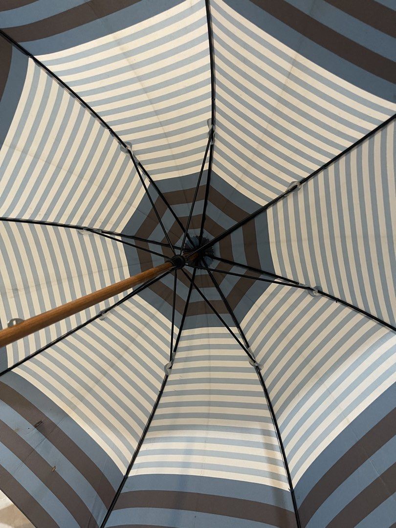 umbrella with a geometric blue, white, and brown stripe pattern (Category: Umbrellas) located in San Fernando. Submitted by japansurpluselyu (Listing ID 1458025755, Image 3). Description: .