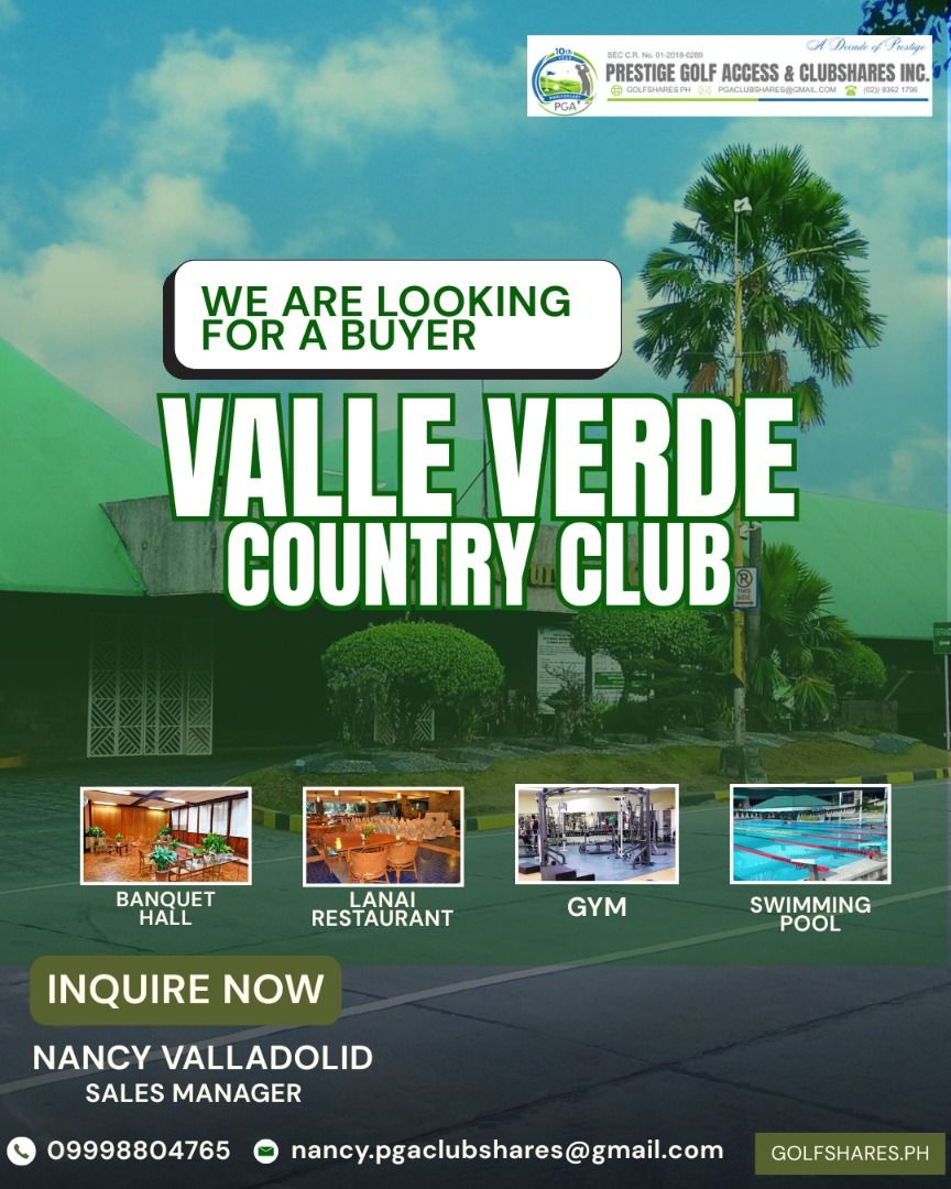 VALLE VERDE COUNTRY CLUB (Category: Billiards and Bowling) located in Muntinlupa City. Submitted by pgaclubshares_nancy (Listing ID 1457979590, Image 1). Description: ⛳ LOOKING FOR A BUYER — VALLE VERDE COUNTRY CLUB Interested in having Valle Verde share? Your opportunity to own a share at Valle Verde Country Club is here! 🏌️‍♂️✨ Enjoy the benefits of country club membership with access to recreational, dining, fitness, and leisure facilities—al