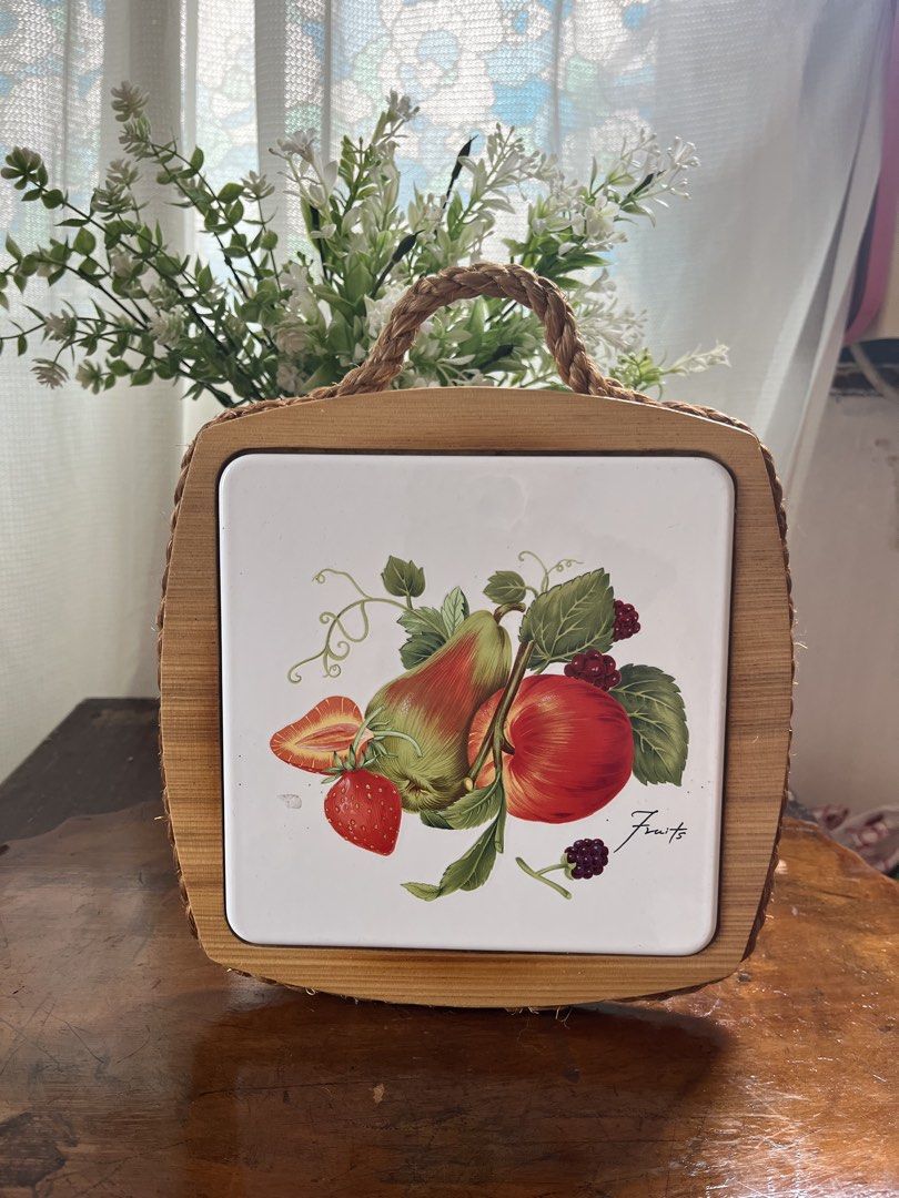 Vintage Fruit Design Serving Tray with Woven Handle (Category: Other Kitchenware & Tableware) located in Taguig. Submitted by minmin_parker (Listing ID 1457956612, Image 1). Description: - Charming vintage serving tray - Features a delightful fruit illustration (strawberries, apples, pears) - Convenient woven rope handle for easy carrying - White ceramic insert complemented by a sturdy wooden frame - Ideal for serving snacks or as a decorative ac