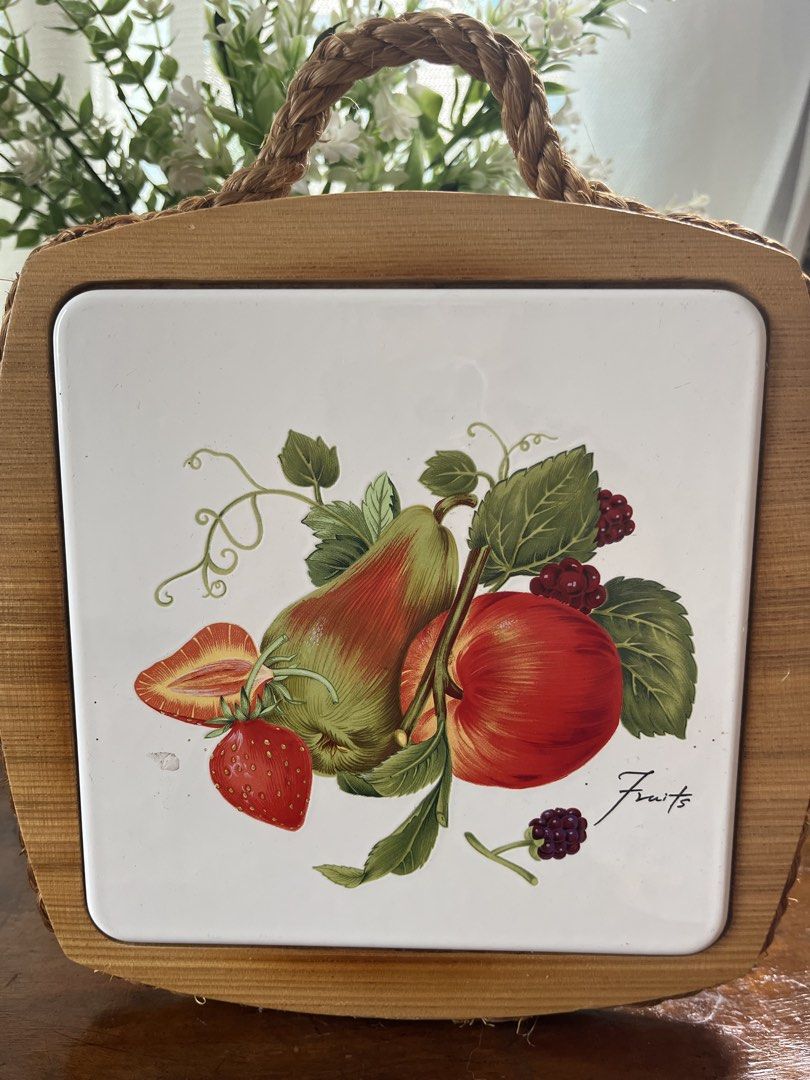 Vintage Fruit Design Serving Tray with Woven Handle (Category: Other Kitchenware & Tableware) located in Taguig. Submitted by minmin_parker (Listing ID 1457956612, Image 2). Description: - Charming vintage serving tray - Features a delightful fruit illustration (strawberries, apples, pears) - Convenient woven rope handle for easy carrying - White ceramic insert complemented by a sturdy wooden frame - Ideal for serving snacks or as a decorative ac