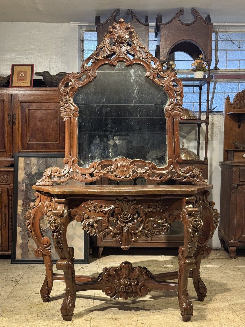 Vintage Victorian Console Dresser Table with Mirror (Category: Tables & Sets) located in Manila. Submitted by sinaunang_gamit (Listing ID 1457993510, Image 1). Description: Vintage Victorian Console Dresser Table with Mirror Total Height: 74 inches Length: 48 inches Width: 17 inches Solid Mahogany Wood ₱15k.