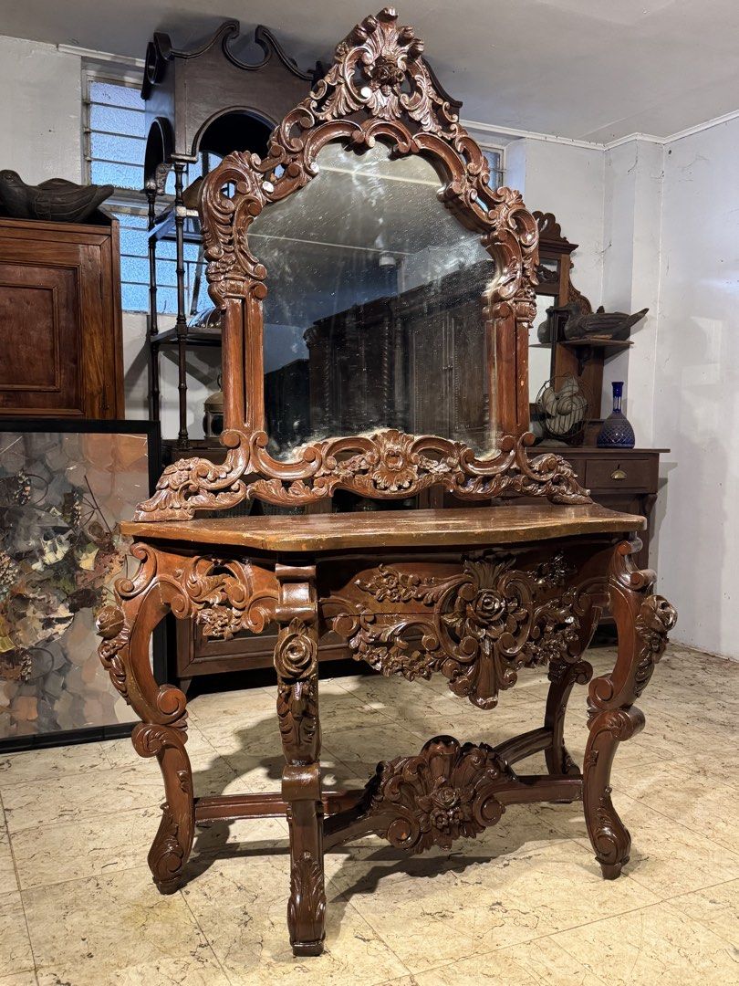 Vintage Victorian Console Dresser Table with Mirror (Category: Tables & Sets) located in Manila. Submitted by sinaunang_gamit (Listing ID 1457993510, Image 2). Description: Vintage Victorian Console Dresser Table with Mirror Total Height: 74 inches Length: 48 inches Width: 17 inches Solid Mahogany Wood ₱15k.
