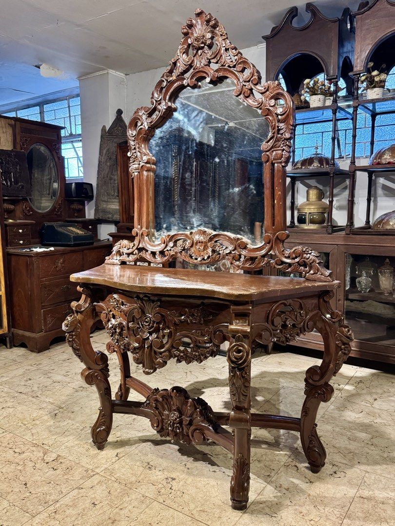 Vintage Victorian Console Dresser Table with Mirror (Category: Tables & Sets) located in Manila. Submitted by sinaunang_gamit (Listing ID 1457993510, Image 3). Description: Vintage Victorian Console Dresser Table with Mirror Total Height: 74 inches Length: 48 inches Width: 17 inches Solid Mahogany Wood ₱15k.
