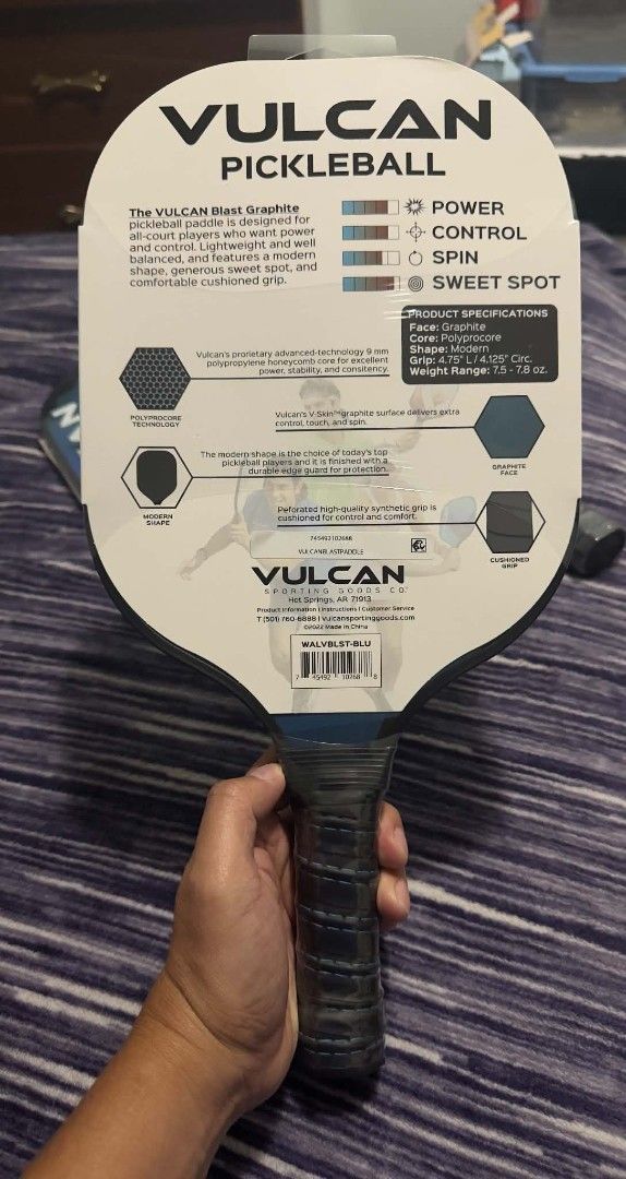 VULCAN Blast Graphite Pickleball Paddle (Category: Racket and Ball Sports) located in Valenzuela. Submitted by blakeys_atbp (Listing ID 1457947841, Image 2). Description: - VULCAN Blast Graphite Pickleball Paddle - Ideal for all-court players - Delivers power, control, and spin - Balanced feel with a comfortable cushioned grip - Graphite face and 9mm polymer core - Lightweight: 7.5-7.8 oz - USA Pickleball approved.