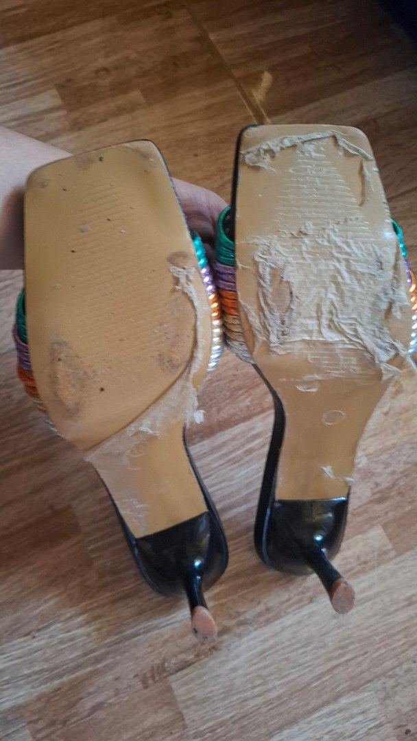 Women's Square Toe Multi-Strap Heeled Sandals (Category: Flats & Sandals) located in Tuguegarao City. Submitted by mondreigon (Listing ID 1457927670, Image 3). Description: size 39 pre loved Chic metallic multi-strap sandals with a square toe and thin heel. Perfect for adding a pop of color to any outfit! Soles show some wear..