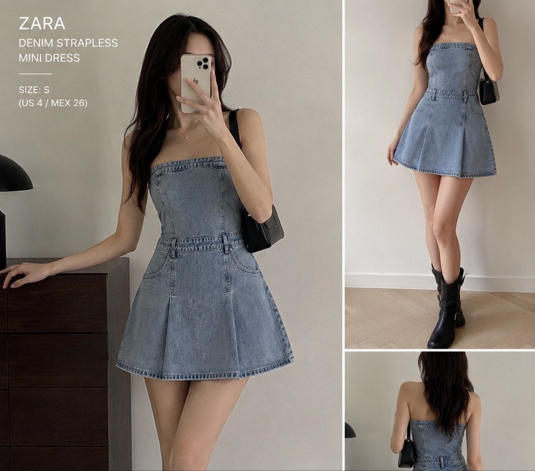 Zara Denim Strapless Mini Dress - Size S (Category: Dresses) located in Taguig. Submitted by maeg_28 (Listing ID 1452030658, Image 1). Description: - Cute Zara strapless mini dress - Light wash denim - Fitted bodice with A-line skirt - Features belt loops and pockets - Versatile for casual or night out.