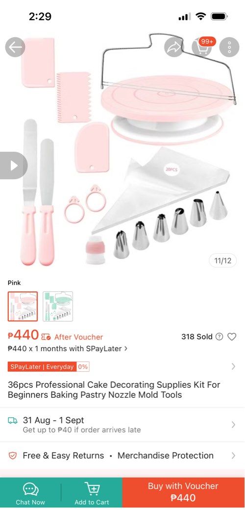 36pcs Professional Cake Decorating Supplies Kit Pink (Category: Bakeware) located in Los Banos. Submitted by alykamarie05293 (Listing ID 1458275473, Image 2). Description: - Complete set for baking and cake decorating - All items are in a lovely pink color - Includes: turntable, spatulas, scrapers, piping bags, and nozzles - Perfect for both beginners and professional bakers - Everything you need to start decorating cakes - Brand New Kakabili lan