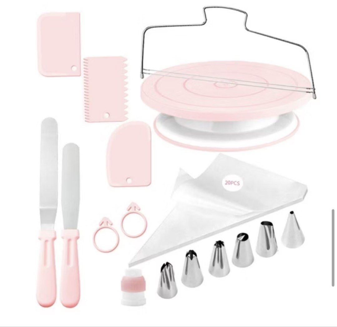 36pcs Professional Cake Decorating Supplies Kit Pink (Category: Bakeware) located in Los Banos. Submitted by alykamarie05293 (Listing ID 1458275473, Image 1). Description: - Complete set for baking and cake decorating - All items are in a lovely pink color - Includes: turntable, spatulas, scrapers, piping bags, and nozzles - Perfect for both beginners and professional bakers - Everything you need to start decorating cakes - Brand New Kakabili lan