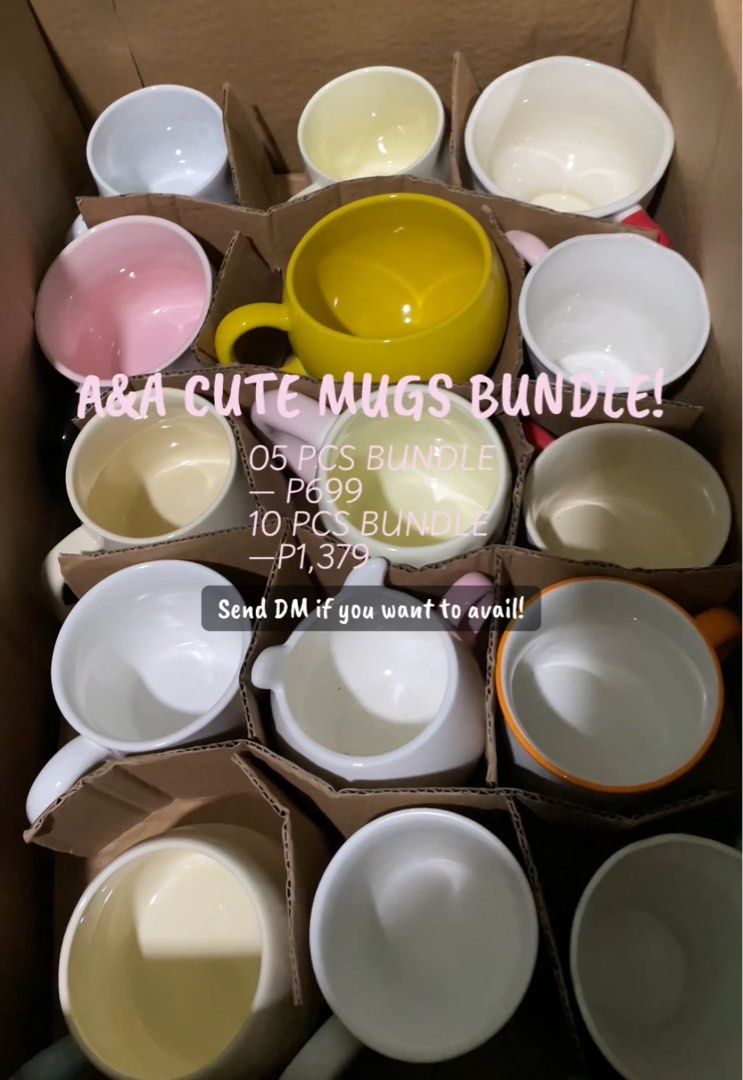 5/10 pcs Bundle Assorted Cute Ceramic Mugs - Various Colors (Category: Coffee & Tea Tableware) located in Manila. Submitted by mrsyumiarmecin (Listing ID 1458276139, Image 1). Description: CUTE MUGS 5_10 BUNDLES! 🎀☕️ Looking for cute mugs without breaking the bank?🥹 Bundle na! Perfect for gifts or for your own cute corner! 🩷05 PCS BUNDLE 一 P699 🩷05 PCS BUNDLE 一 P1,379.