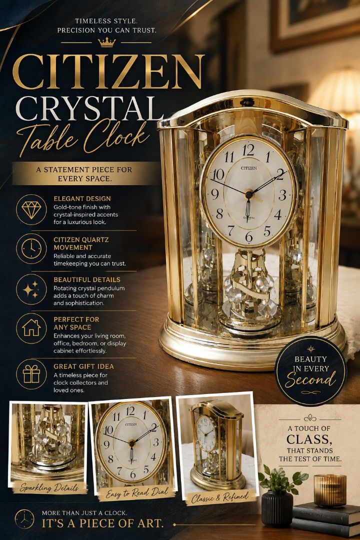 ✨ Citizen Crystal Table Clock ✨ (Category: Clocks) located in Binan City. Submitted by sakuratreasuresph (Listing ID 1458151598, Image 1). Description: ✨ Citizen Crystal Table Clock ✨ A stunning statement piece for your home or office! ⏰✨ 💎 Citizen Quartz Clock 🌟 Beautiful gold-tone finish with crystal-inspired accents 🪞 Clear glass-style panels showcasing the intricate interior ✨ Decorative rotating/crystal pendulum design 🕰️ Classic easy-to