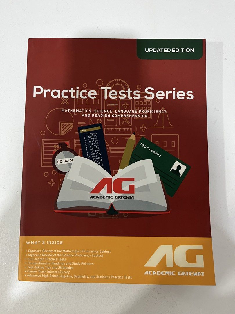 Academic Gateway Practice Tests Series UPDATED EDITION (Category: Textbooks) located in Manila. Submitted by gentleowl7 (Listing ID 1458182111, Image 1). Description: - Updated edition of Academic Gateway Practice Tests Series. - Covers Mathematics, Science, Language Proficiency, and Reading Comprehension. - Includes rigorous reviews and full-length practice tests. - Features a Career Track Interest Survey. - Offers Advanced High School Algebra, 