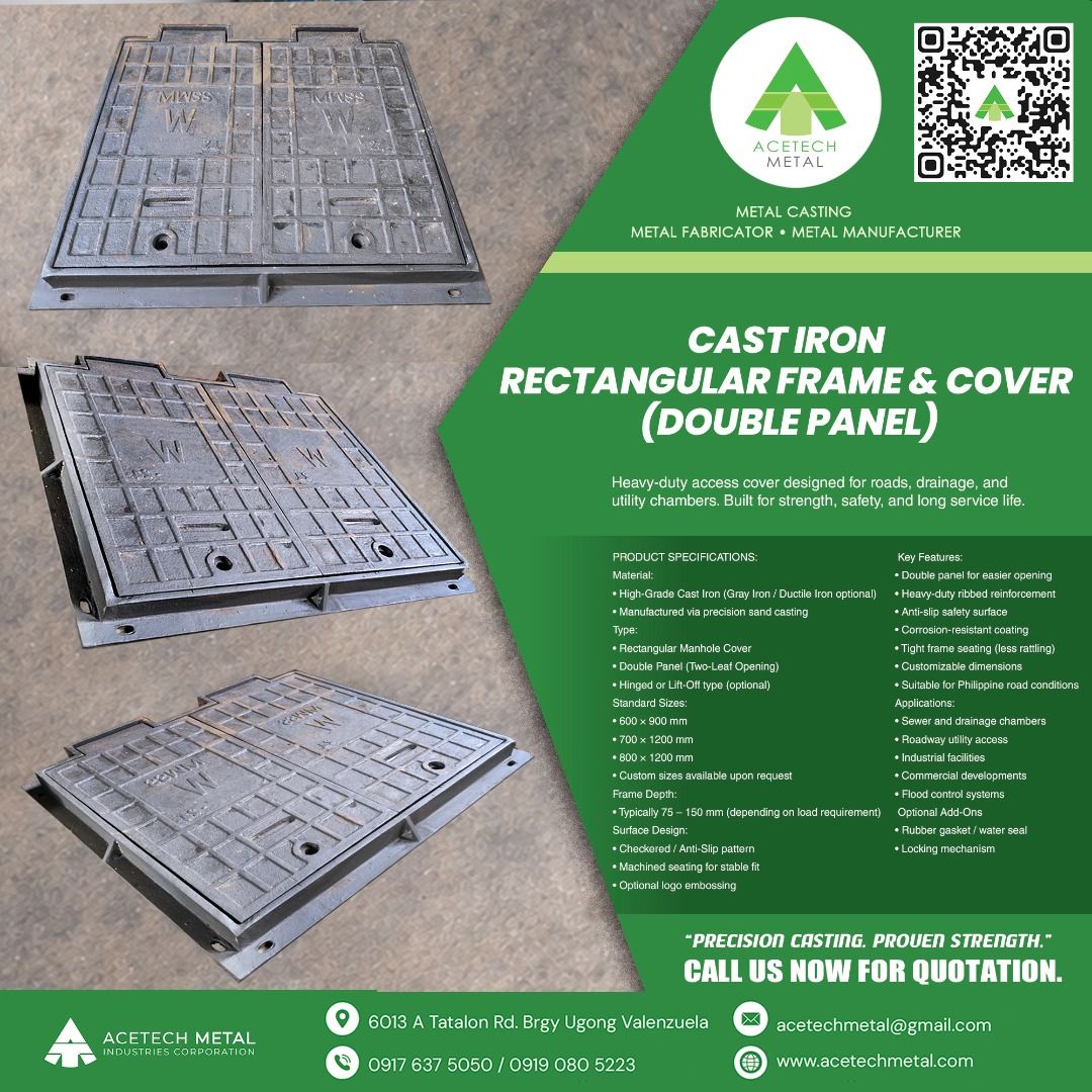 AceTech Metal Cast Iron Manhole Cover - Rectangular (Category: Construction & Building Materials) located in Caloocan City. Submitted by acetech_metal01_ (Listing ID 1458099450, Image 2). Description: - Heavy-duty cast iron construction - Designed for roads, drainage, and utility manholes - Rectangular, double panel design - Built for strength, safety, and long-term durability - Ideal for various applications - Contact us for quotation.