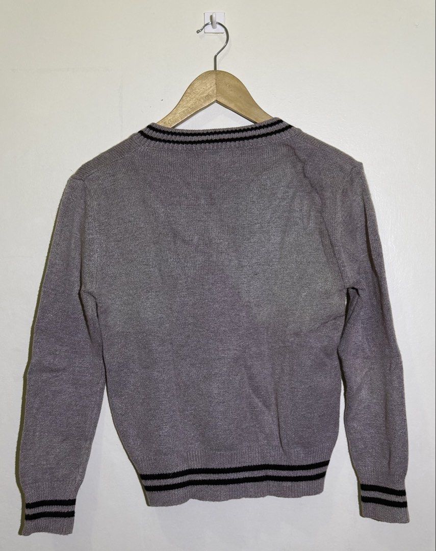 Ashishaa Grey V-Neck Sweater with Black Stripes (Category: Longsleeves) located in Cavite. Submitted by maxs.bl (Listing ID 1458140005, Image 2). Description: - Grey v-neck sweater - Black stripes on collar and hem - Long sleeves - Classic school uniform aesthetic - Versatile for layering or standalone wear - with stains but i think deep cleaning might help.