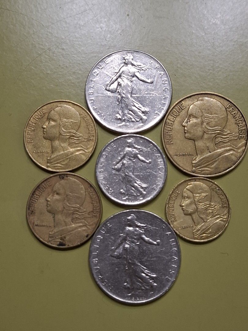 Assorted vintage old French coins (Category: Currency) located in Pasig City. Submitted by keekeedee (Listing ID 1457963602, Image 2). Description: 1 Coin, France, 20 Centimes, 1969 1 Coin, France, 10 Centimes, 1976 1 Coin, France, 10 Centimes, 1963 1 Coin, France, 5 Centimes, 1974 1 Coin, France, 1/2 Franc, 1965 2 Coins, France, 1 Franc, 1977 ×2 take all for P200 p.s. I also sell vintage old German , new Zealand , Austrian , US, Indonesian, Kore