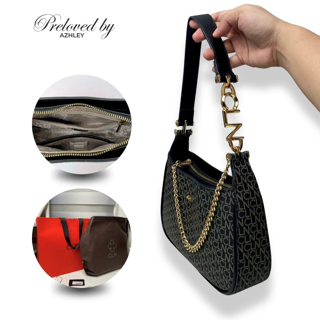 Authentic CLN Celandine Shoulder Bag (Category: Luxury Bags & Wallets) located in Binan City. Submitted by prelovedbyazhley (Listing ID 1458236298, Image 2). Description: Color: Black Material: Premium Synthetic Leather (Exterior) with Fabric Lining (Interior) - Interior: 1 zipper pocket, 1 slip pocket - Exterior: 1 zipper pocket on the back Inclusions: Original CLN Dust Bag and Original CLN Paper Bag Original Price: Php2,499 (bought for Php2,249