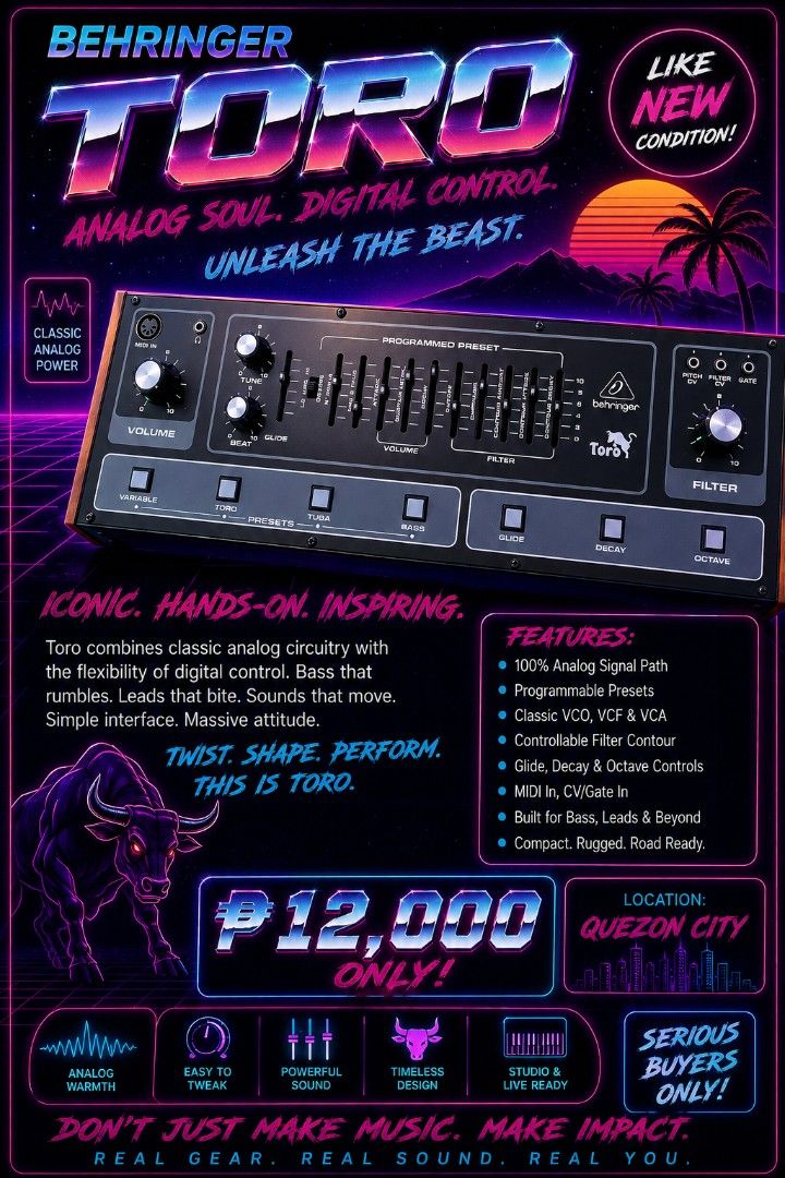 Behringer Toro Analog Synthesizer (Category: Musical Instruments) located in Quezon City. Submitted by beastwood (Listing ID 1458239969, Image 1). Description: - Behringer Toro Analog Synthesizer - Classic analog circuitry with digital control - Ideal for basslines, leads, and more - Programmable presets for saving your sounds - Features classic VCO, VCF, & VCA - MIDI In for connectivity - Compact and road-ready design - Located in Quezon City.