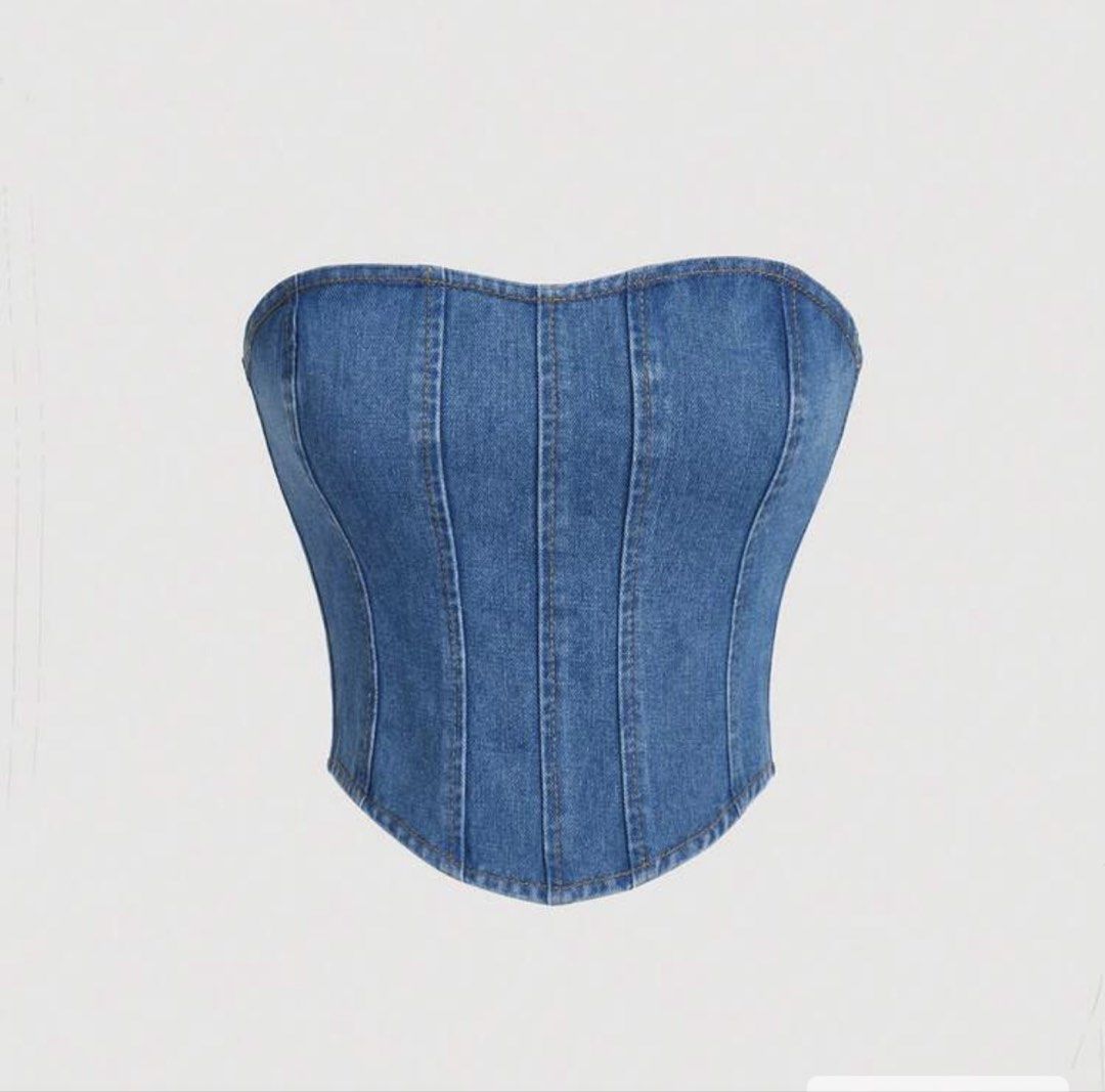 Blue Denim Corset Top with Zipper (Category: Others Tops) located in Valenzuela. Submitted by maggieberry (Listing ID 1458194245, Image 1). Description: - Strapless denim corset top - Front zipper closure - Made from mixed blue denim washes - Structured bodice for a flattering fit - Perfect for dressing up or down.