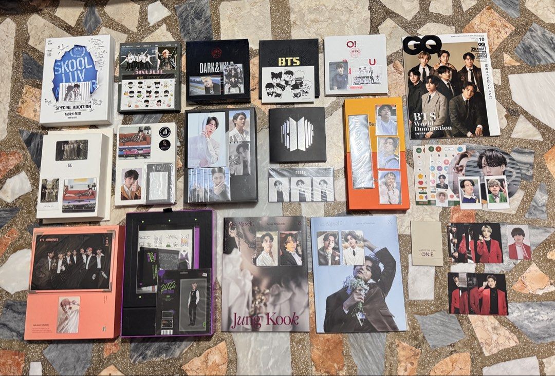 BTS Merch (read description) (Category: K-Wave Merchandise) located in Angeles City. Submitted by breadscart (Listing ID 1458227722, Image 1). Description: All albums are unsealed but with complete inclusions and photocards. 1. SLA w/ V PC - 400 2. SLA SA w/ SUGA PC - 800 3. Dark & Wild w/ RM PC - 400 4. 2 Cool 4 Skool - 400 5. O!RUL8,2? w/ Jin PC - 400 6. BE Deluxe & Essential w/ OT7 PC, V POB, Notepad POB, Postcard POB - 1,000 7. Proof Standard