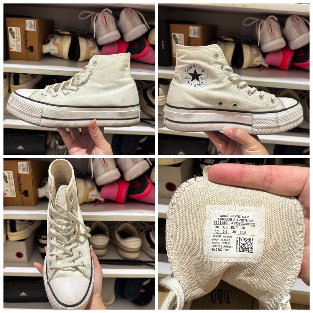 Converse Chuck Taylor All Star Platform High Top Cream (Category: Sneakers) located in Manila. Submitted by selyamaria (Listing ID 1458120862, Image 1). Description: - Cream high top Converse platform sneakers - Size: 7.5 US Women's - Classic Chuck Taylor design - Chunky platform sole for added height and style - White laces.