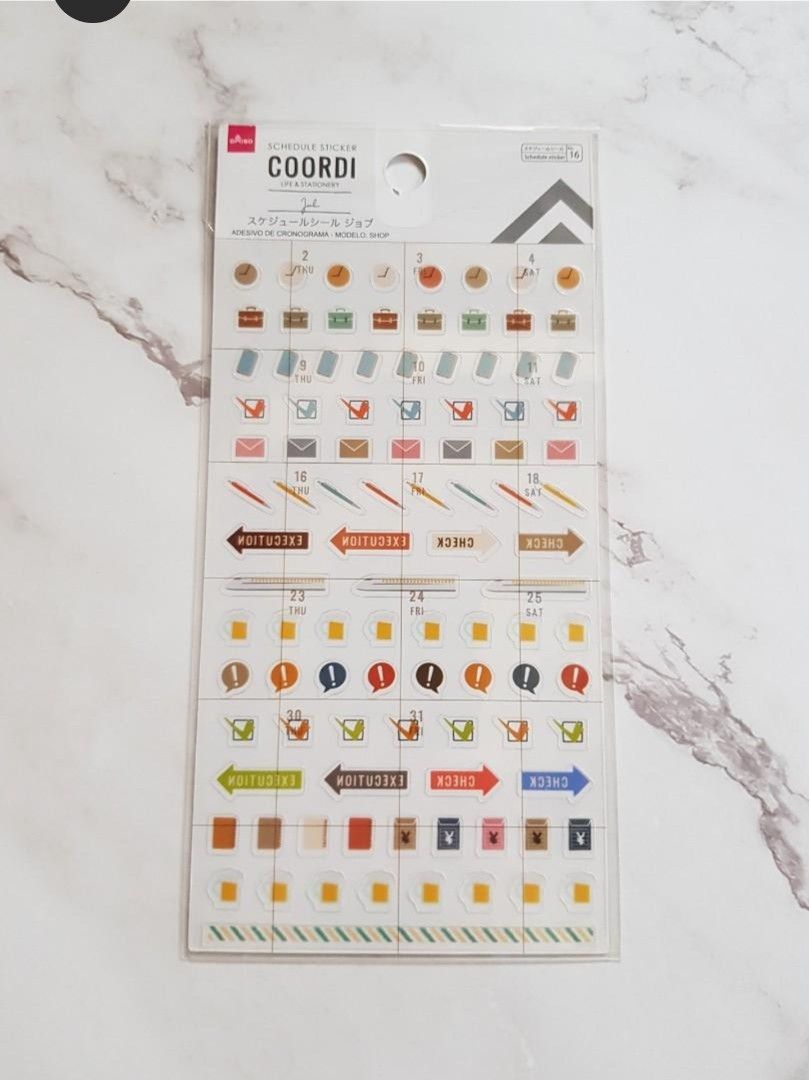 Daiso Schedule Sticker Coordi (Job) for Journaling (Category: Stationery & School Supplies) located in Quezon City. Submitted by snowflakes.specials (Listing ID 1458152279, Image 2). Description: 2 sheets for 250php.
