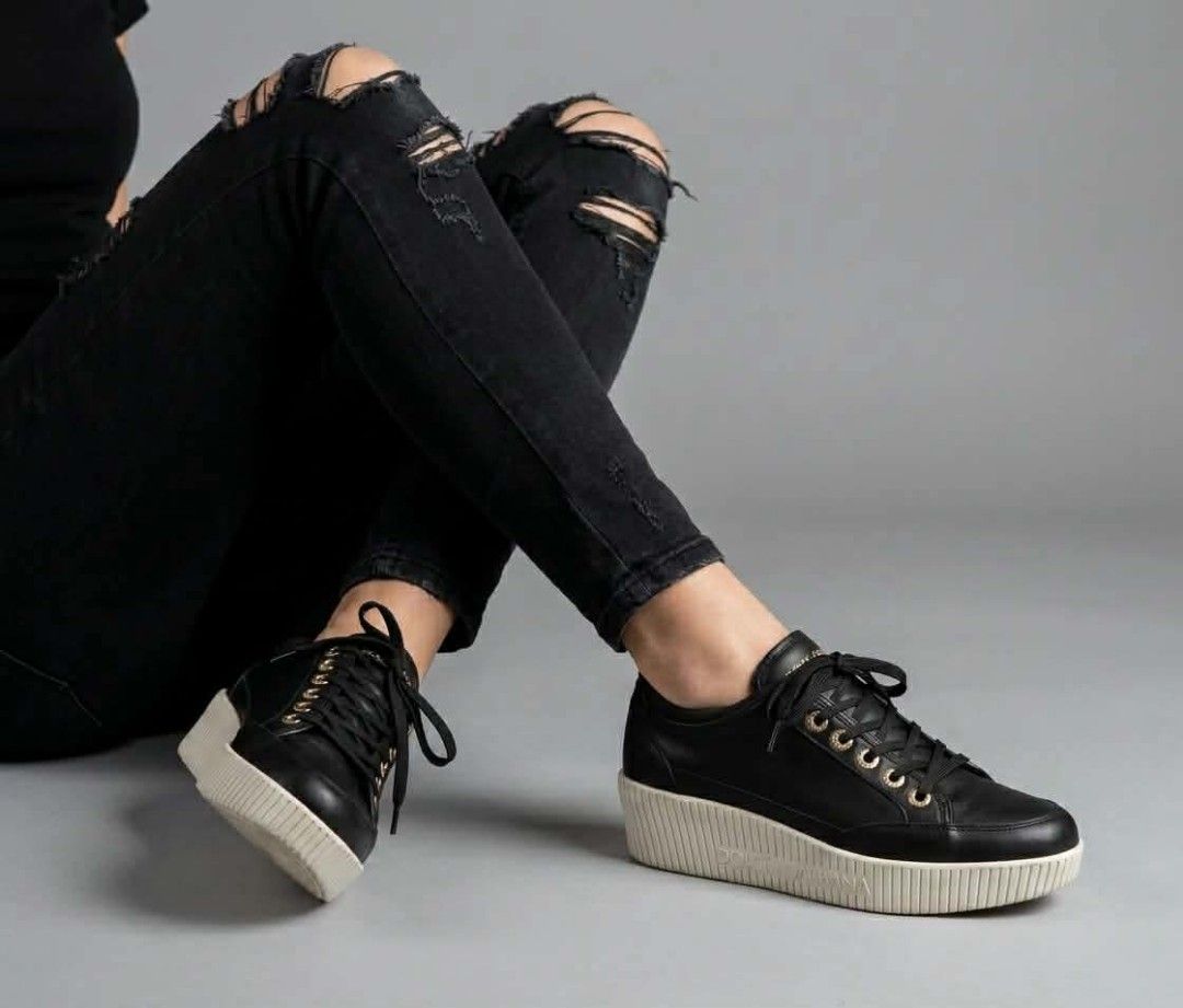 Dolce & Gabbana Black Wedge Sneakers (Category: Sneakers & Footwear) located in Cebu City. Submitted by MrLiks_123 (Listing ID 1458181258, Image 2). Description: Dolce & Gabbana wedge lace-paneled distinctive ribbed platform sole and gold-tone eyelets Size 38½ / 24 cm Used, in great well-Maintained condition Cebu location Dm 📍 ********************************** Original Retail Price: When brand new, platform sneakers from Dolce & Gabbana’s mainl