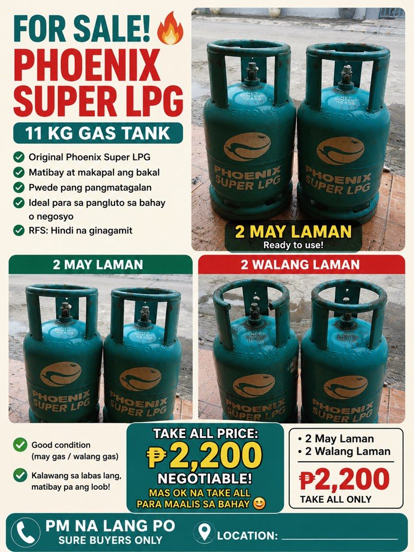 Empty gas tank (Category: Home Improvement Tools & Accessories) located in Quezon City. Submitted by quickwind.41e397 (Listing ID 1458186463, Image 1). Description: FOR SALE – TAKE ALL ONLY 🔥 4 pcs Phoenix Super LPG 11kg gas tanks ✅ 2 may laman ✅ 2 walang laman ✅ Original Phoenix Super LPG ✅ Used, may visible signs of use/rust sa labas ✅ RFS: Hindi na ginagamit 💰 TAKE ALL: ₱2,200 negotiable 📍 Location: Bacoor, Cavite 🚗 PICK-UP ONLY – buyer to