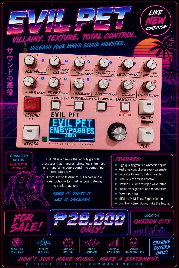 Evil Pet Granular Processor Synthesizer (Category: Musical Instruments) located in Quezon City. Submitted by beastwood (Listing ID 1458239397, Image 1). Description: - Evil Pet granular processor for mangled, stretched, and transformed sounds. - High-quality granular synthesis engine. - Built-in saturator for warmth and dirt. - LUSH reverb with tail control. - Durable, 'built like a tank' construction. - Delivers futuristic soundscapes. - Selling