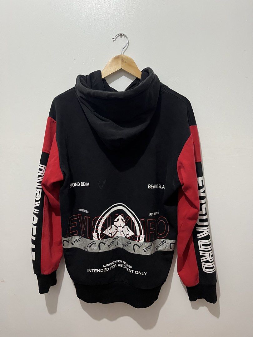 Evisukuro Hooded Sweatshirt Authentic - Black and Red (Category: Coats, Jackets and Outerwear) located in Calamba. Submitted by mrpanaderoouttt (Listing ID 1458203213, Image 2). Description: Evisukuro Authentic Hoodie - Black and Red Color Rate 9/10 Issue: Back Print Lightly Crack Print Check on the Photo Dimes: L- 27.2 W- 24 XL on tag 🏷️ 1100 freeship .