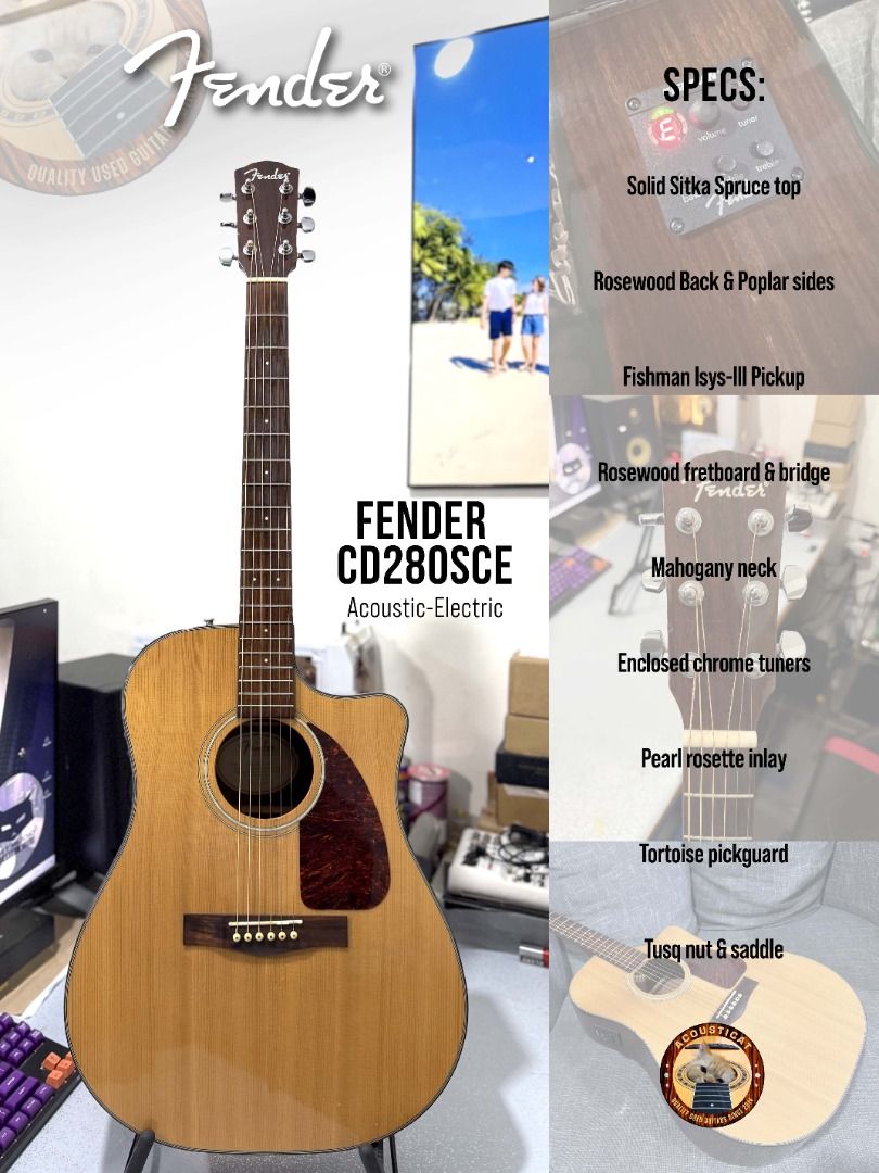 Fender CD-280SCE Acoustic Guitar 17K (Category: Musical Instruments) located in Manila. Submitted by acousticat (Listing ID 1458216945, Image 1). Description: For Sale / Swap Please Read Location: Tondo, Manila ----------------------------------- Fender CD-280SCE Acoustic Guitar 17K ₱17,000 (20K trade value) Excellent Condition! Fishman 301T pickup (legit) Rosewood back & sides Solid Spruce top Fender bag included Trade/Swap to other guitars Trad