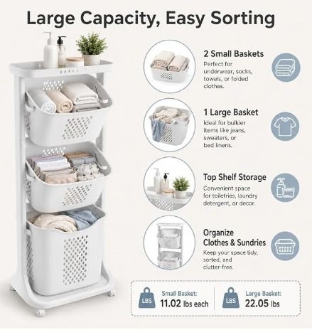 High quality 3 Tier Laundry Basket with wheels (Category: Storage Boxes & Baskets) located in Paranaque City. Submitted by pilipinashop (Listing ID 1458115235, Image 1). Description: brand new sale srp: 1,520 limited stocks, paunahan na lang po About this item 【HIGH-QUALITY MATERIAL】This product is made of thickened and reinforced PP material, which is odorless, extrusion resistant, and not easily broken and deformed 【EASY TO MOVE&FIX】Four univer