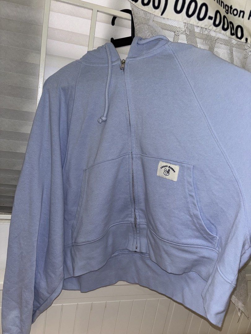 H&M Oversized Cropped Jacket (Category: Coats, Jackets and Outerwear) located in Cavite. Submitted by bbbb444 (Listing ID 1458159763, Image 3). Description: - Fits S-L, oversized fit - Slight stain inside the hood - Color is purplish light blue.